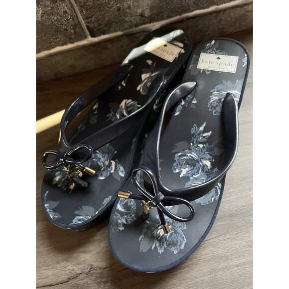 Kate Spade Blue Floral Wedge Sandals Size 9 Thong Summer Beach Party - Picture 3 of 16